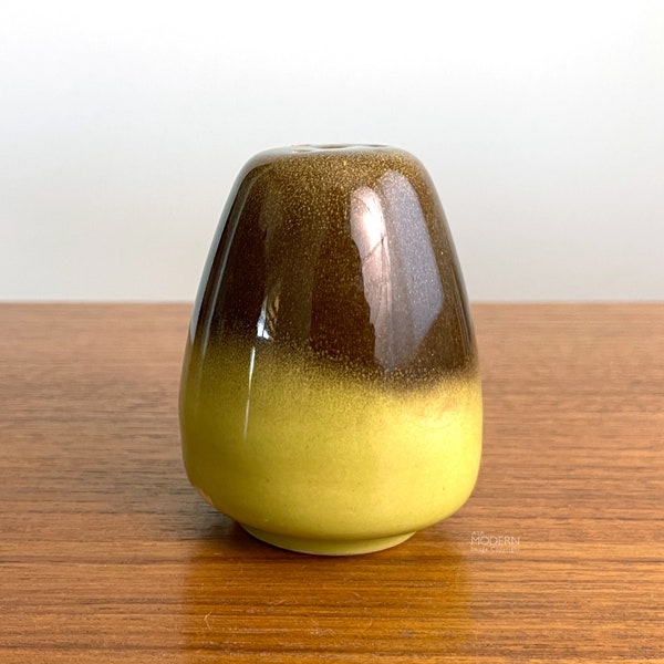 Bauer Pottery Monterey Moderne Chartreuse and Brown Shaker California Modern // Condition: Glaze smudge and skip ~ Some nicking,pops