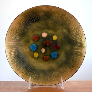 Annemarie Davidson Style Jeweled Modernist Enamel Plate 10" // Condition: Crazing in glass ~ Small fleabites ~ 1-2 Scratches