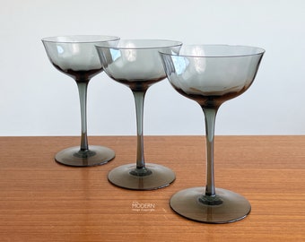 Set of 3 Sasaki Andover Optic Smoke Gray Champagne Coupe or Martini Glasses 6 1/8" // Condition: Very light occasional wear