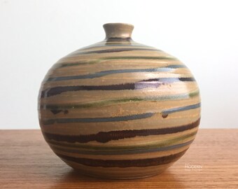 Japanese Modern Striped Weedpot Pottery Vase 4" Tall Otagiri Takahashi Style