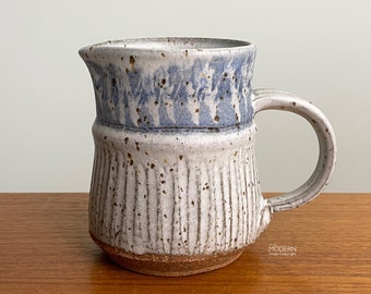 Mid Century Gray Blue Stoneware 4 3/4" Tall Milk Pitcher or Large Creamer Signed // Condition: Crazing ~ Pops in glaze