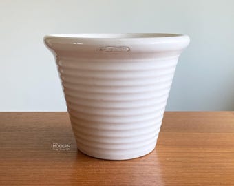 Bauer Pottery Italian Ruffled White No. 6 California Flowerpot 6 1/2" // Condition: Filled chip or manuf flaw on rim ~ Nicks,wear ~ Drilled