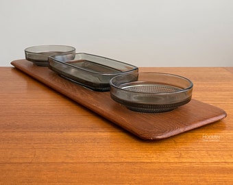 Digsmed Denmark Teak Long Serving Tray With 3 Smoke Glass Inserts 20" // Condition: Wear to glass ~ Back of tray has wear, tape