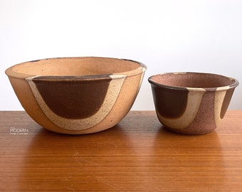 2 Stoneware Designs West Pottery Planter Bowls Style Of David Cressey Terra Major 168 169 USA // Condition: Glaze drips ~ Calcium,dirt,wear