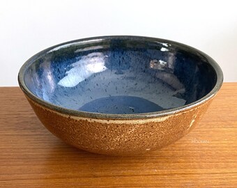 Blue and Brown Studio Pottery Stoneware Serving Bowl Marked RP AP 8 3/4" Wide // Condition: Glaze flake chip to rim ~ Usage wear
