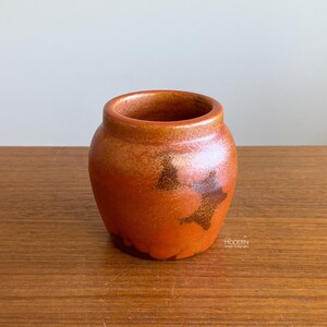 May include: A small, round, ceramic jar with a wide opening. The jar is primarily orange with darker brown and black accents. The jar sits on a wooden surface. The jar is likely used for storage or decoration.