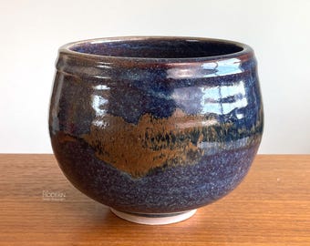 Otto Heino Modernist Bowl Studio Pottery Blue Brown California Stoneware Vessel 6 3/4" // Condition: Some pops and raised bits in the glaze