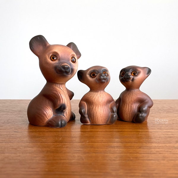 Roselane Pottery Bear Figurine w/ Cubs Hagen Renaker Pasadena California Brown with Sparkler Eyes 3 1/2" and 2 3/8" Tall
