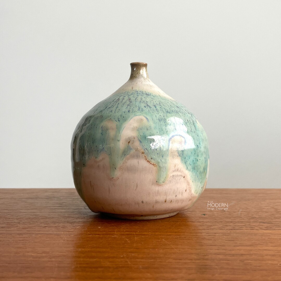 Modern Studio Pottery Small Blue Green Drip Glaze Weedpot Vase 4 Tall ...