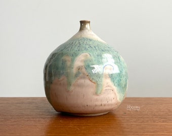Modern Studio Pottery Small Blue Green Drip Glaze Weedpot Vase 4" Tall