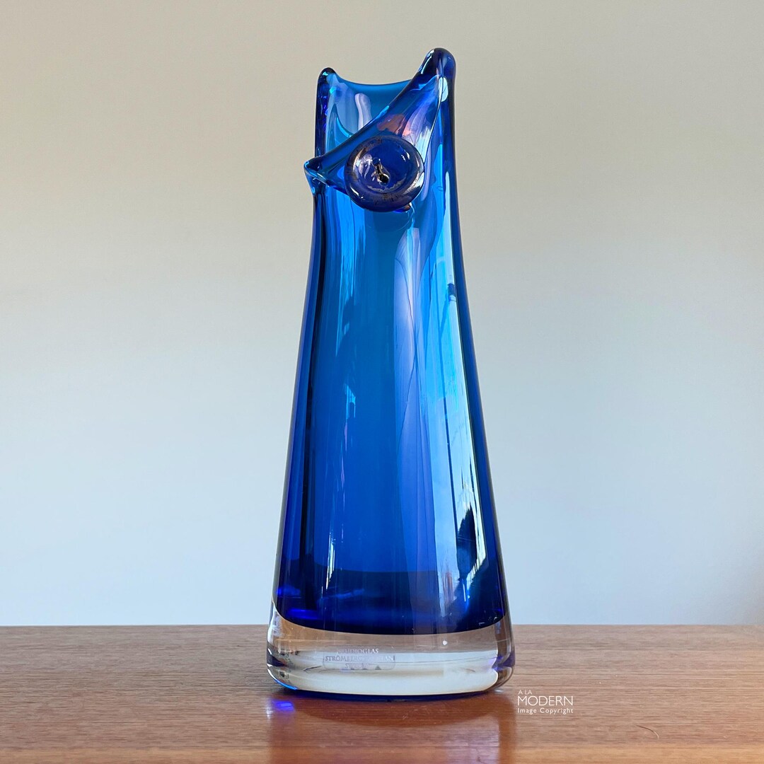 Strombergshyttan Swedish Blue Crystal Abstract Glass Vase 9 1/2