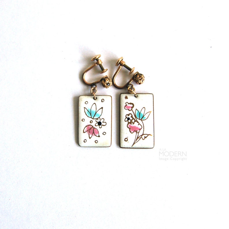 Vintage Gerte Hacker Rectangular Enamel Clip On Earrings White with Pink Blue Flowers