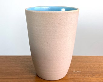 Pigeon Forge Pottery Tennessee Aqua Blue and Beige Vase Planter 6 3/4" Tall // Condition: A few metal marks