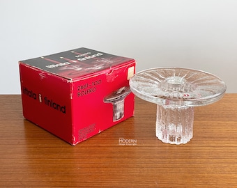 One Iittala Bolero Timo Sarpaneva Candleholder In Original Box Modernist Finland 3 3/4" Tall // Condition: Wear/writing on box ~ Candle wax