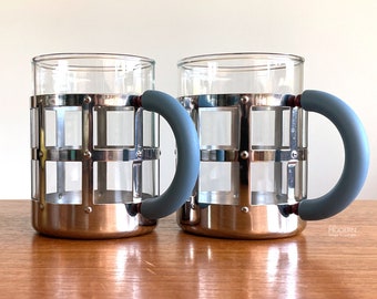 2 Alessi Italy Michael Graves Glass with Stainless Steel Modernist Coffee Cups 4" // Condition: Minor scratches,scuffs ~ Water spots