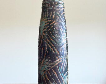 Polly Whitcomb Studio Pottery Modernist Cylinder Vase Black Blue Glaze Abstract Line Design Signed 7 1/2" Tall