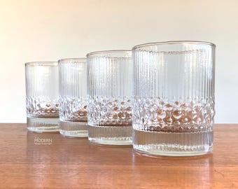 4 Durobor of Belgium Alaska Old Fashioned Rocks Tumbler Glasses 4" // Condition: Seam line from mold on 1 glass ~ Water spots,light wear