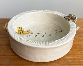 Fitz and Floyd Cat's Meow 1976 Pet Dish Feeding Bowl Kitschy Dog and Cat // Condition: Glaze flakes to dog and cat noses