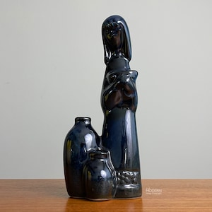 Howard Pierce Girl With Jars Modern California Pottery Dark Blue Figurine 9 1/4" Tall // Condition: Crazing ~ Small scuffs,scratches