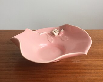 Haldeman Caliente Pink Floral 297-1 Bowl With Applied Rose California Pottery 8" Wide // Condition: Light wear to rose