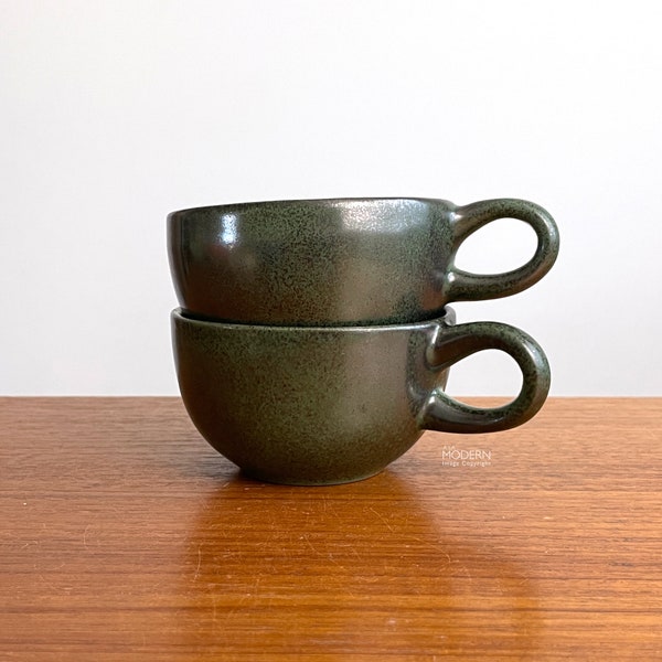 Set of 2 Heath Ceramics Peacock Green Coupe Line Tea Cups No Saucers // Condition: Semi-matte interiors ~ Pops to glaze