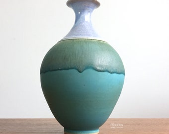 Modernist Studio Pottery Weedpot Vase Blue Green Drip Glaze Signed 8 1/4"  Tall // Condition: Some pops to glaze