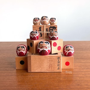 Eight Daruma Japanese Miniature Wooden Good Luck Charm Folk Art Sculpture Talisman 3 3/4&quot; // Condition: Light wear to wood and figures