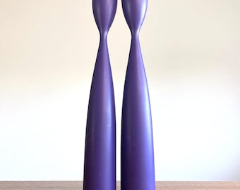 2 Danish Tapio Wirkkala Purple Tulip Scandinavian Wood Candleholders 11 1/2" // Condition: No inserts ~ Light wear ~ 1 slightly crooked top