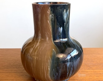 Bretby Style Art Pottery Brown and Navy Blue Drip Glaze Ceramic Vase 6" // Condition: Some scratches,scuffs ~ Crazing ~ Pinprick fleabites