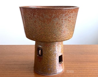 Japanese Ikebana Pedestal Bowl With Rectangular Cutout Holes Modernist Pottery Planter 7 1/2" Tall