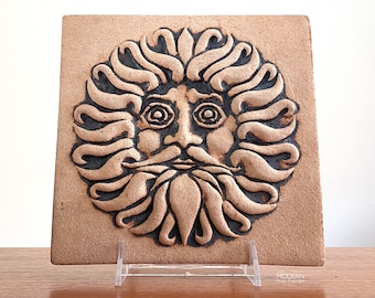 John Wenzel Sun Face Mid Century Stoneware Square Art Pottery Tile Trivet Wall Plaque 8" // Condition: Some roughness to corners
