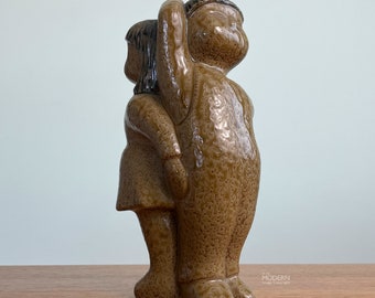 Japanese Pottery Figural Boy Girl Cute Mid Century Figurine Measuring Heights 8 1/4&quot; // Condition: Glaze pops ~ Cardboard loose on bottom