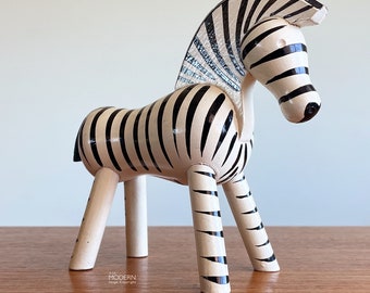 Vintage Kay Bojesen Zebra Danish Wood Toy Black White Denmark Orig Sticker 6" // Condition:  nicks,scuffs,scratches to finish ~ Dust dirt