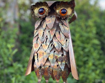 Curtis Jere Style Owl Brutalist Metal Art Sculpture MCM 11 1/2" Tall // Condition: Some bent metal ~ Glue in eyes ~ Tarnish and spotting