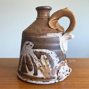 John Schulps Pottery Large Handled Jug MCM Studio Stoneware 8" // Condition: Bottom pulloff chips ~ Thin glaze to handle