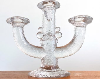 Pukeberg Sweden Glass Candelabra Staffan Gellersted Triple Candle Holder 9" Wide