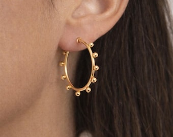 Gold hoop earrings with beads | Stainless steel earrings for women | Minimalist hoop earrings, stainless steel, for women