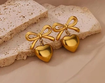 Bow earrings, heart gold bow earrings stud earrings heart