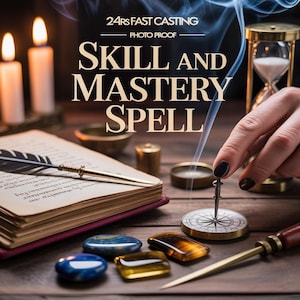 Może przedstawiać: Obraz o tematyce rzucania zaklęć z tekstem "SKILL AND MASTERY SPELL". Scena zawiera książkę z piórem, świece, kompas, kamienie szlachetne i klepsydrę. Paleta kolorów jest ciepła, z odcieniami złota i brązu.