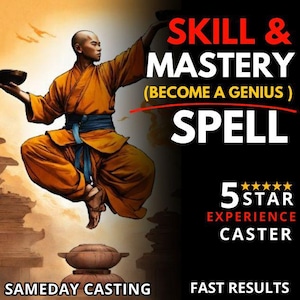 May include: A man in a yellow and blue robe is jumping in the air. He is holding a bowl in his right hand. The text "SKILL & MASTERY (BECOME A GENIUS) SPELL 5 STAR EXPERIENCE CASTER SAMEDAY CASTING FAST RESULTS" is in the background.