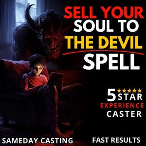 Könnte beinhalten: Ein roter Teufel mit Hörnern und glühenden Augen steht hinter einem jungen Menschen, der in einem roten Sessel sitzt. Der Text "SELL YOUR SOUL TO THE DEVIL SPELL" ist in großen, fetten Buchstaben geschrieben. Unter dem Text befindet sich eine 5-Sterne-Bewertung und die Worte "5 STAR EXPERIENCE CASTER". Der Text "SAMEDAY CASTING" befindet sich unten links und "FAST RESULTS" unten rechts.