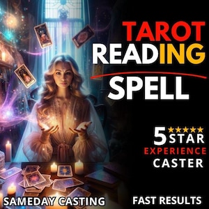 Puede incluir: Una mujer con un vestido blanco sostiene sus manos frente a ella, rodeada de un aura púrpura y azul. Cartas de tarot flotan a su alrededor. El texto "Tarot Reading Spell" está en letras rojas y amarillas. El texto "5 Star Experience Caster" está en letras blancas con fondo negro. El texto "Sameday Casting" está en letras blancas con fondo negro. El texto "Fast Results" está en letras blancas con fondo negro.