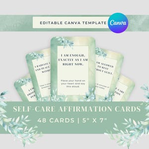 Tarjetas de autoafirmaciones diarias de autocuidado, salud mental positiva, mentalidad de autoconfianza y crecimiento personal, tarjetas de motivación diaria, verde floral