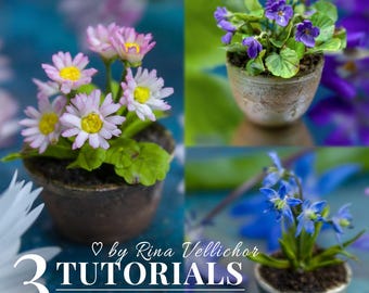 3 TUTORIAIS Margaridas em miniatura, amores-perfeitos em miniatura, escila em miniatura com argila de secagem ao ar para casa de bonecas em escala 1:12 | PDF + vídeo