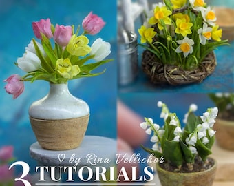 3 TUTORIAIS Tulipa em miniatura, narciso em miniatura, lírio-do-vale em miniatura com argila de secagem ao ar para casa de bonecas em escala 1:12 | PDF + vídeo