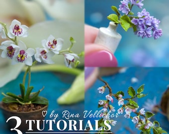 3 TUTORIAIS Orquídea em miniatura, lilás em miniatura, ramo de cerejeira em miniatura com argila de secagem ao ar para casa de bonecas em escala 1:12 | PDF + vídeo