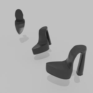May include: Three black platform high heels are displayed against a gray background. The heels have a thick platform sole and a chunky heel. The toe of the shoe is pointed. The shoes are arranged in a diagonal line.