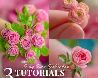 3 TUTORIAIS Rosa Austin em miniatura, rosa chá em miniatura, ranúnculo em miniatura com argila de secagem ao ar para casa de bonecas em escala 1:12 | PDF + vídeo.