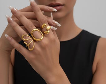 Juego de anillos gruesos ajustables / 3 estilos atrevidos / Anillos grandes y redimensionables para mujer / Regalo para ella