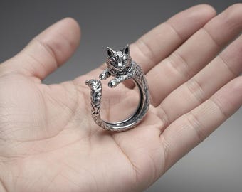 Anello regolabile con gatto gotico / Anello con gattino color argento per uomo e donna / Gioielli punk di Halloween